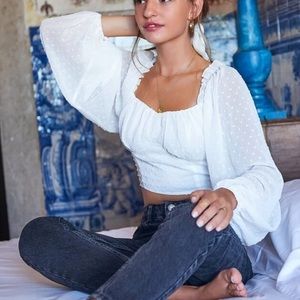 White clip dot sheer bishop sleeve crop top